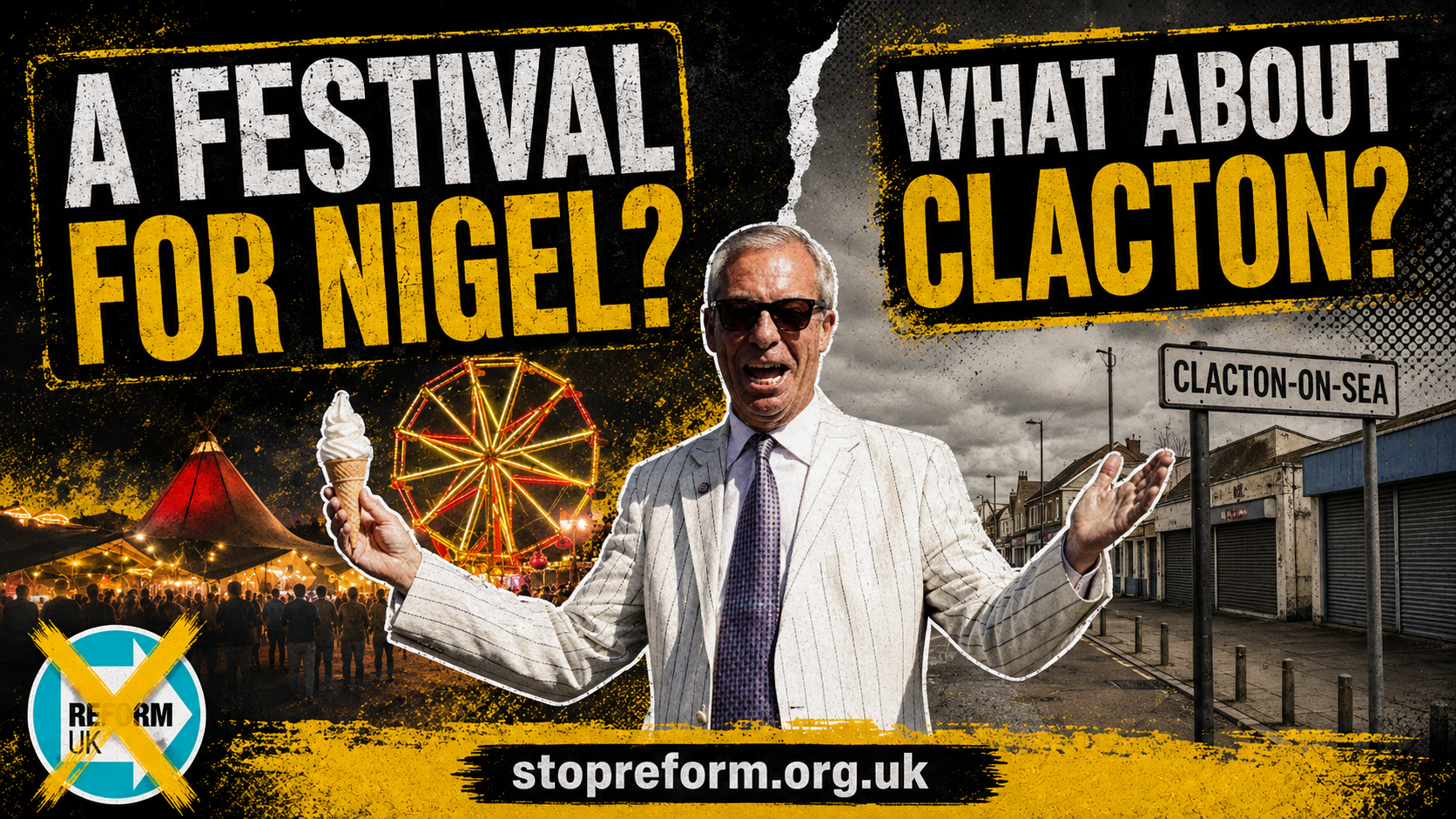 Stop Reform graphic asking whether Clacton received a local MP or a national political show